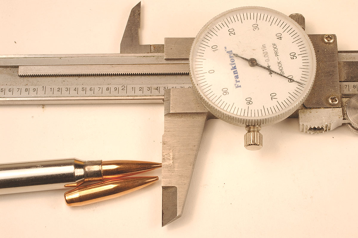 With a cartridge length of 2.46 inches, the 80-grain VLD Target bullet is seated close to the rifling lands in John’s Savage Predator Hunter 223 Remington. The cartridge’s maximum overall loaded length is 2.26 inches.